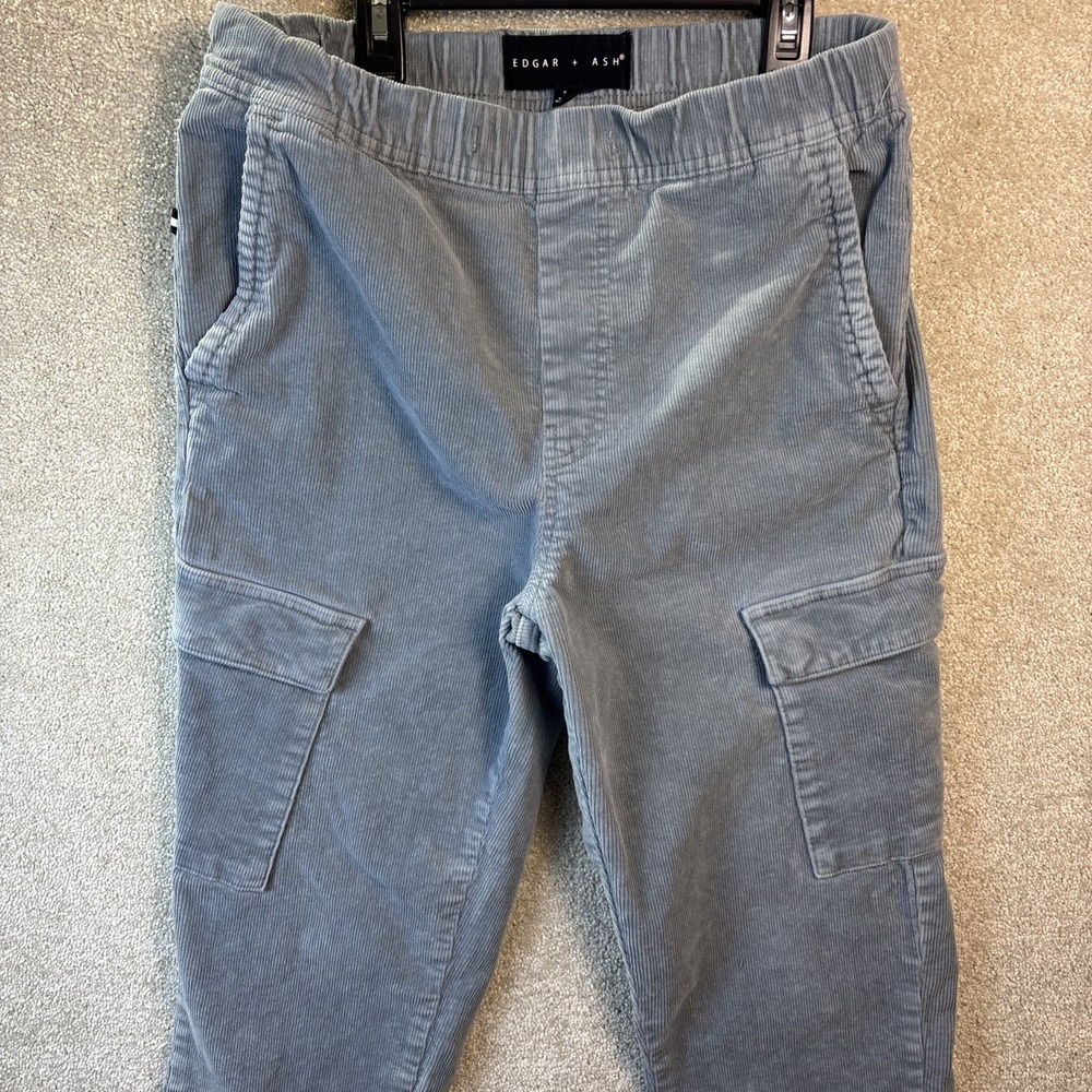 Edgar + Ash Cargo Pants Mens Small Blue Grey Corduroy Elastic Waist Raw Hem READ